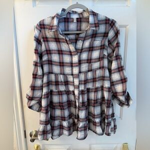 Free People Red and Black Boxy Button Down Shirt
